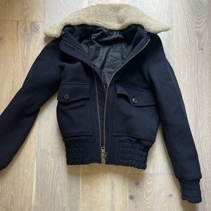 AMI Paris Shearling Trimmed Wool-Blend Bomber Jacket - Navy